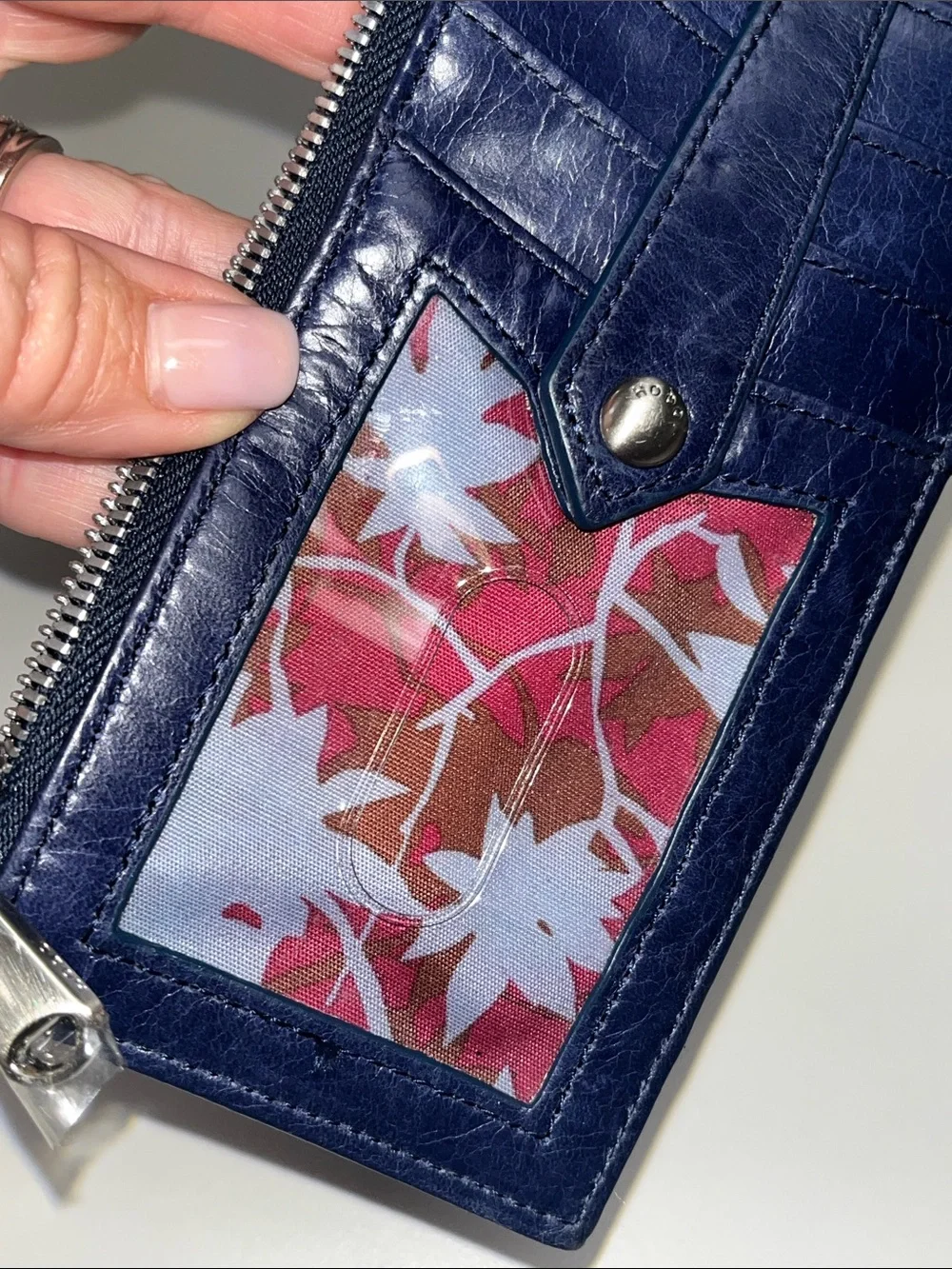HOBO Deep Blue Leather Zip Card Holder with Snap Strap